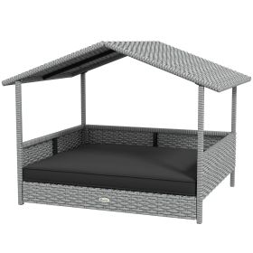 PawHut Wicker Dog House Outdoor Canopy Rattan Bed Water-resistant Cushion Gray