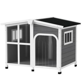 PawHut Cabin-Style Wooden Dog House for Large Dogs with Openable Roof & Giant Window, Dark Gray