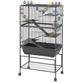 5 Tier Hamster Cage, Rolling Rat Cage With Deep Tray, Storage Shelf, Big Exercise Wheel, Hut, Tube System (Color: Black)