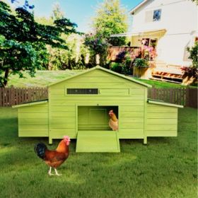 11.12 Ft Large Wooden Chicken Coop With 2 Free Range Doors  2 Nesting Boxes  Perch  Outdoor Hen House Poultry Cage (Color: Green)