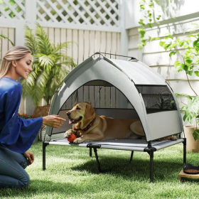 Elevated Dog Bed With Removable Canopy, Portable Outside Raised Pet Cot With Cooling Pad, Storage Bag (Color: Grey)