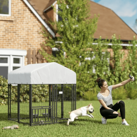Welded Wire Outdoor Dog Kennel With Rotating & 4 Levels Adjustable Bowls (Color: Silver)